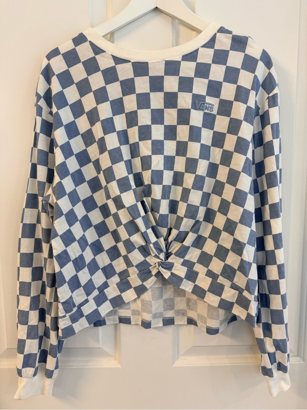 Vans Blue & White Checkered Knot-Front Long Sleeve Top